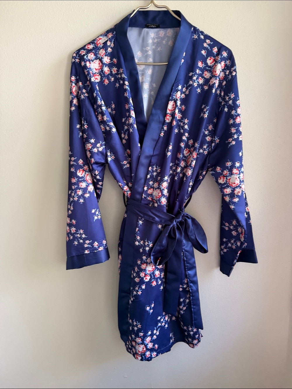 Morgan Lane Navy Floral Satin Tie-Waist Robe